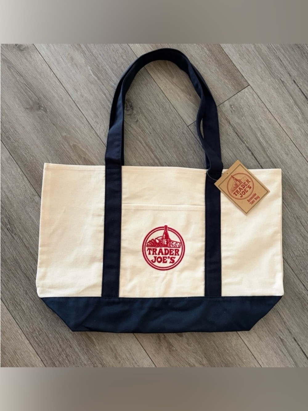 Trader Joe's Large Cream and Navy Blue Canvas Tote Bag